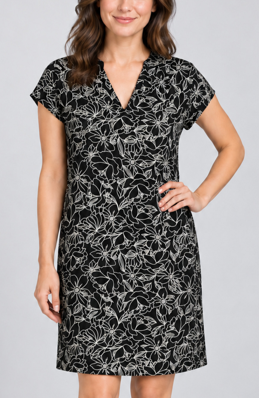 J Jill Wearever Womens PS Black Ivory Floral Stretch Knit Shift Dress Office